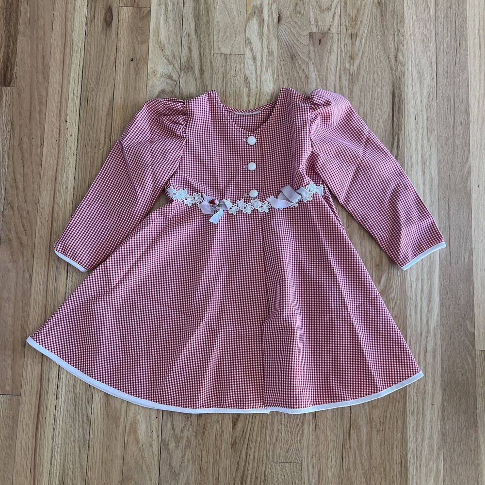 vintage cute girls Coat dress gingham Red white Overcoat puff sleeves retro 4T
